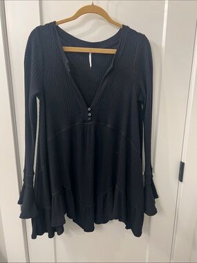 Free People Black Waffle Knit Henley Shirt